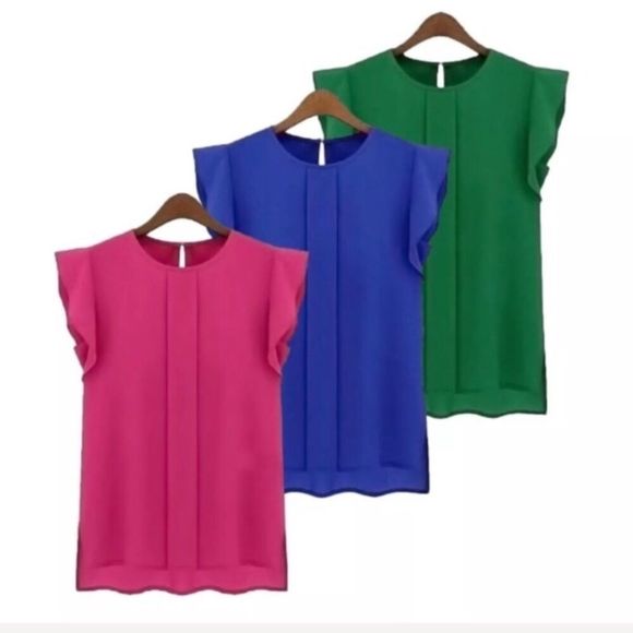 Pink Chiffon Flutter Sleeve Blouse M-XL - Picture 2 of 8